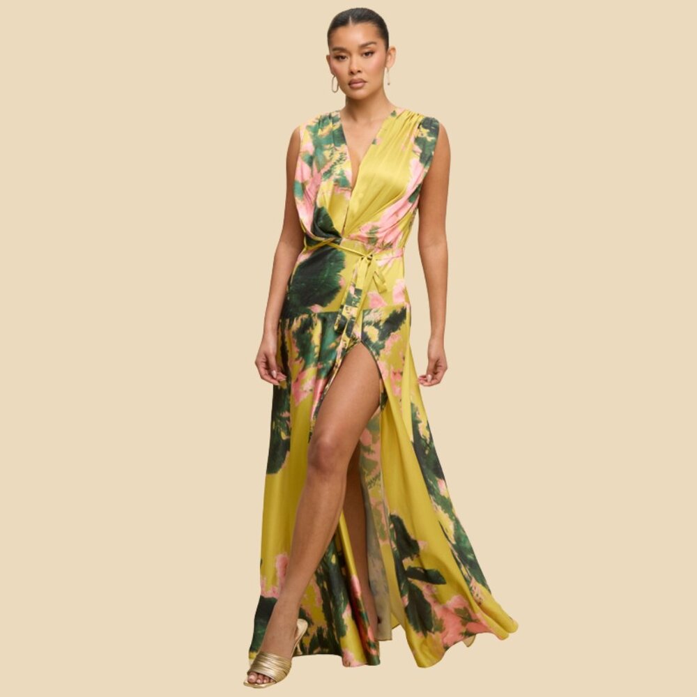 Lime Green Floral Satin Maxi Dress High Slit Wedding Guest (Small)